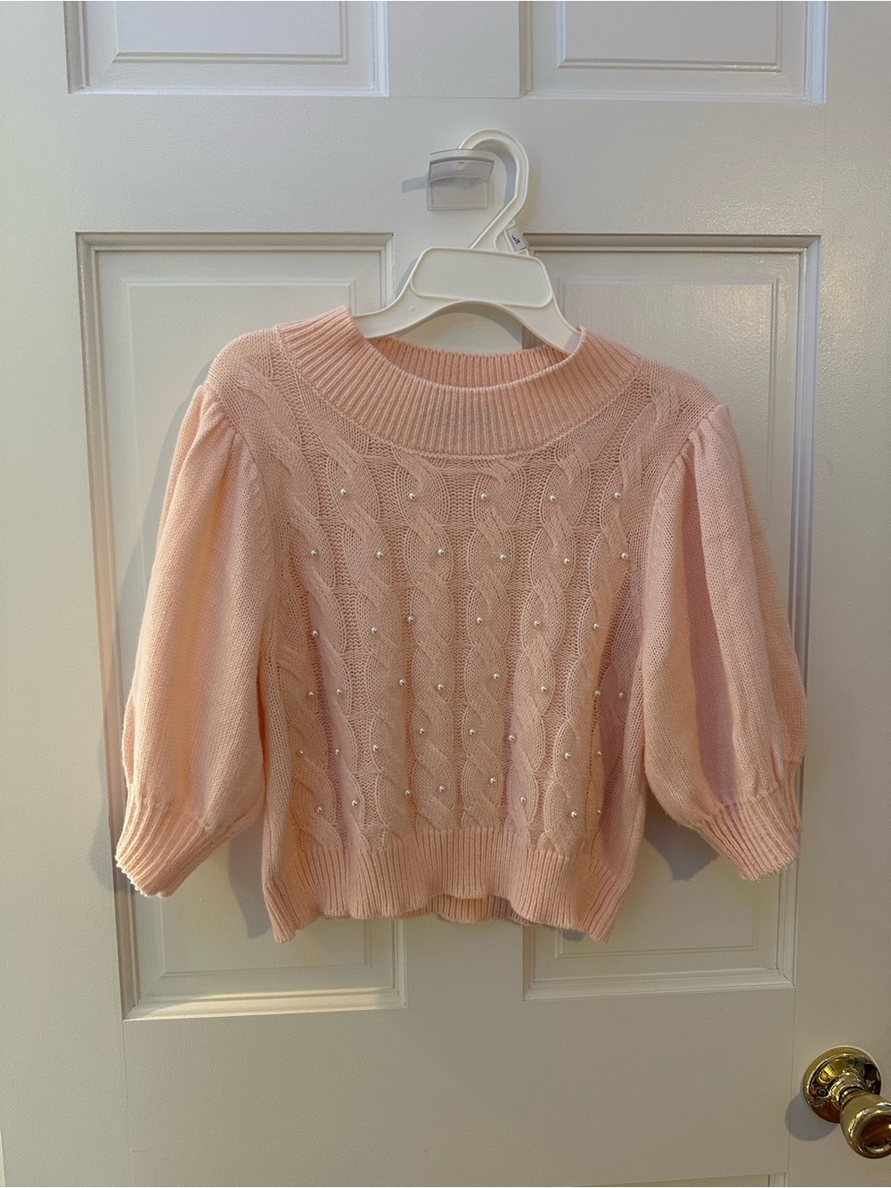 SHEIN Light Pink Pearl-Embellished Cable Knit Crop Top